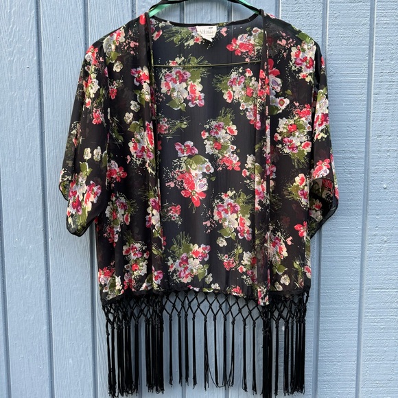 LA Hearts Floral Fringe Black Women’s Kimono One Size - Picture 1 of 5